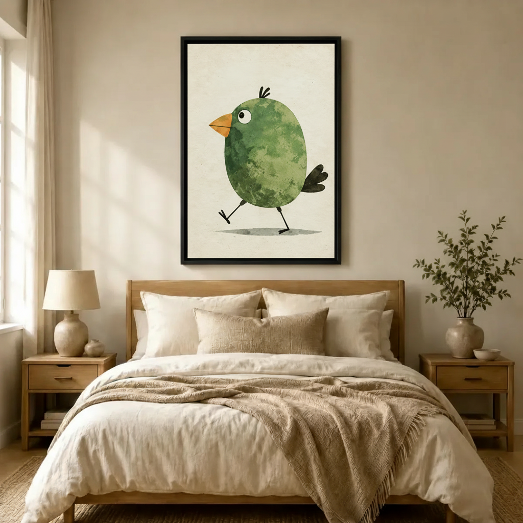 Cute Green Bird Minimalist Watercolor Canvas Art