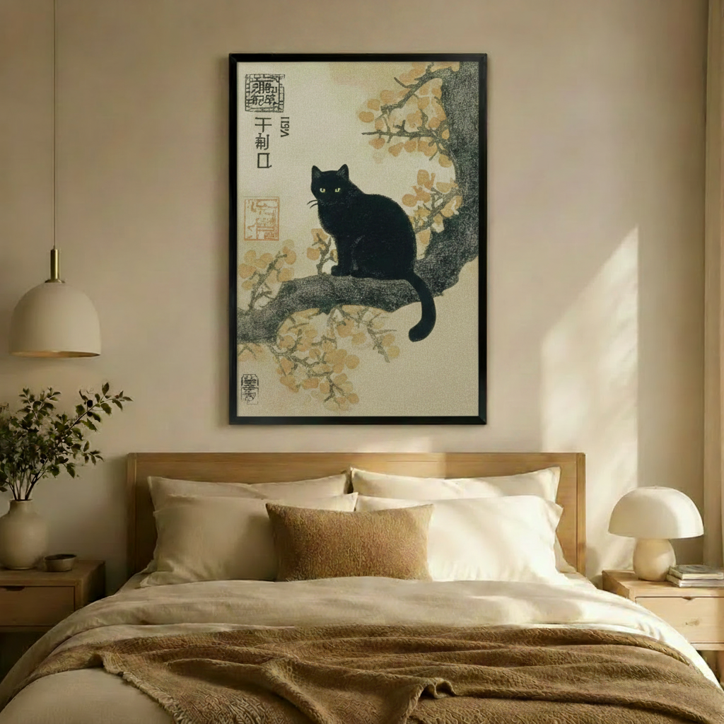 Black Cat Magnolia Japanese Canvas Wall Art