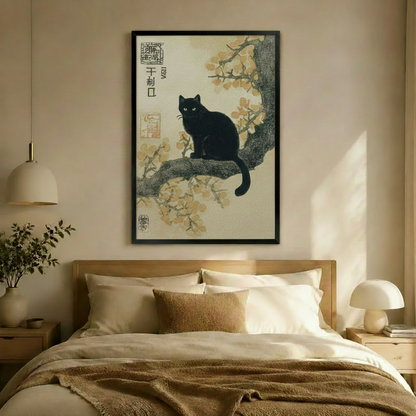 Black Cat Magnolia Japanese Canvas Wall Art