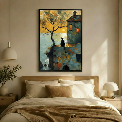 Black Cat Sunset Cottage Canvas Wall Art