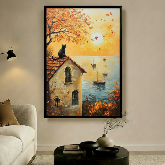 Autumn Cat Coastal Sunset Canvas Wall Art