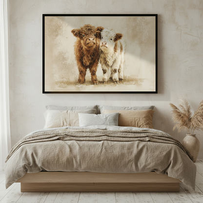 Highland Calves Watercolor Farmhouse Canvas Art