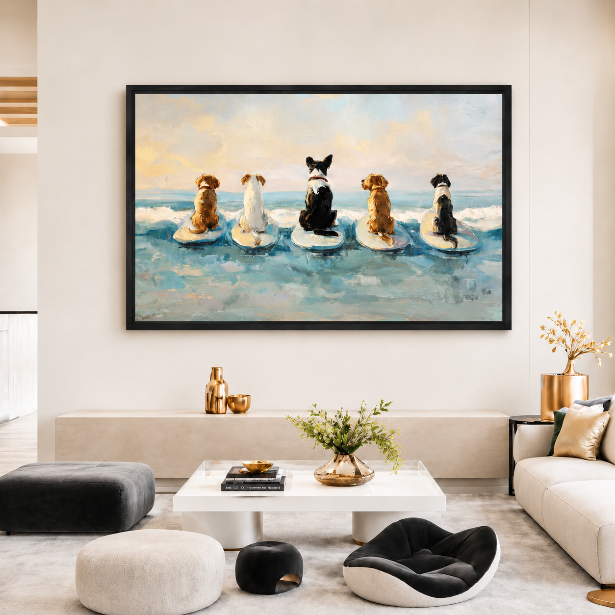 Five Dogs Surfing Canvas Art – Beach Wall Decor