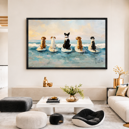 Five Dogs Surfing Canvas Art – Beach Wall Decor