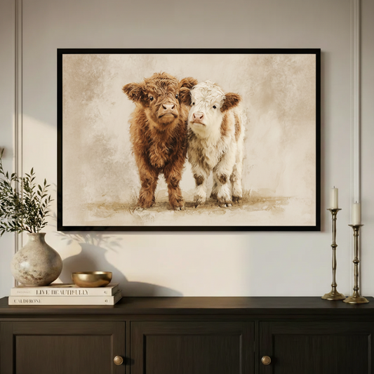 Highland Calves Watercolor Farmhouse Canvas Art