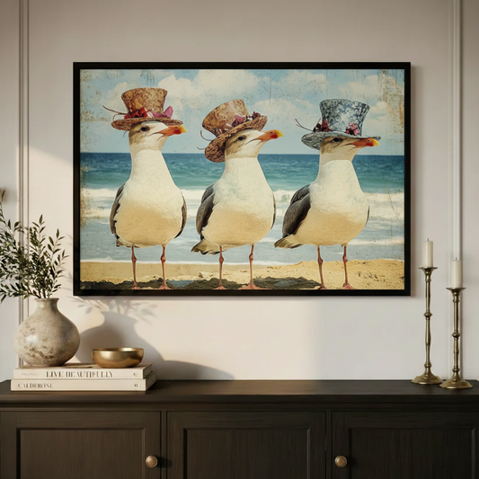 Dapper Seagulls Beach Vintage Oil Canvas Art