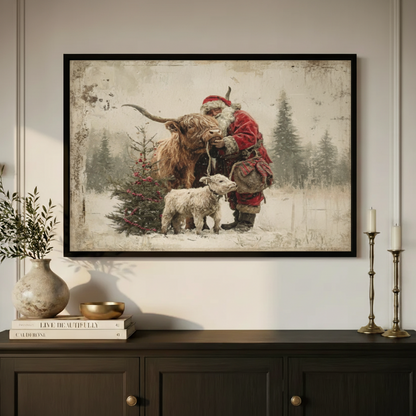 Santa & Highland Cow Christmas Vintage Oil Canvas Art