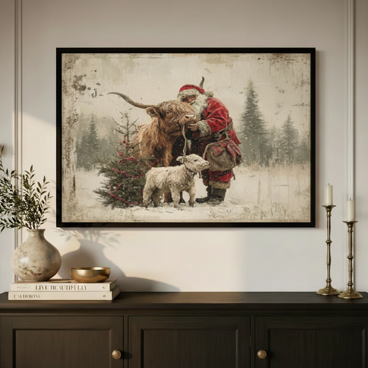 Santa & Highland Cow Christmas Vintage Oil Canvas Art