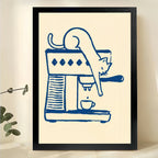 Cat on Espresso Machine – Minimalist Coffee Cat Line Art Wall Art on Natural Wood Canvas | W2062