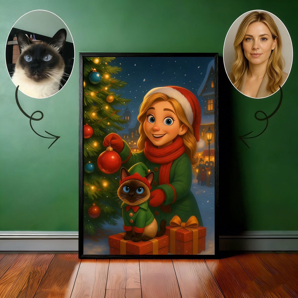 Custom Christmas Pet Portrait,Personalized Gift, Funny Santa Cat & Owner Illustration Wall Art,Holiday Home Decor