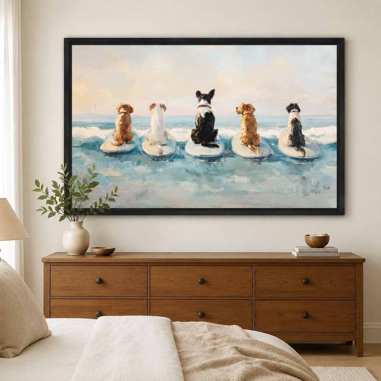 Five Dogs Surfing Canvas Art – Beach Wall Decor