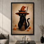 Black Cat Witch Hat Broom Halloween Canvas Art