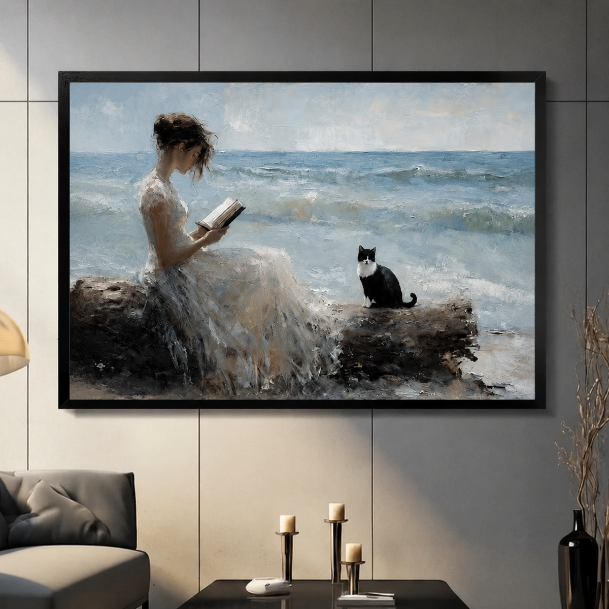 Woman Reading by Sea with Cat Canvas