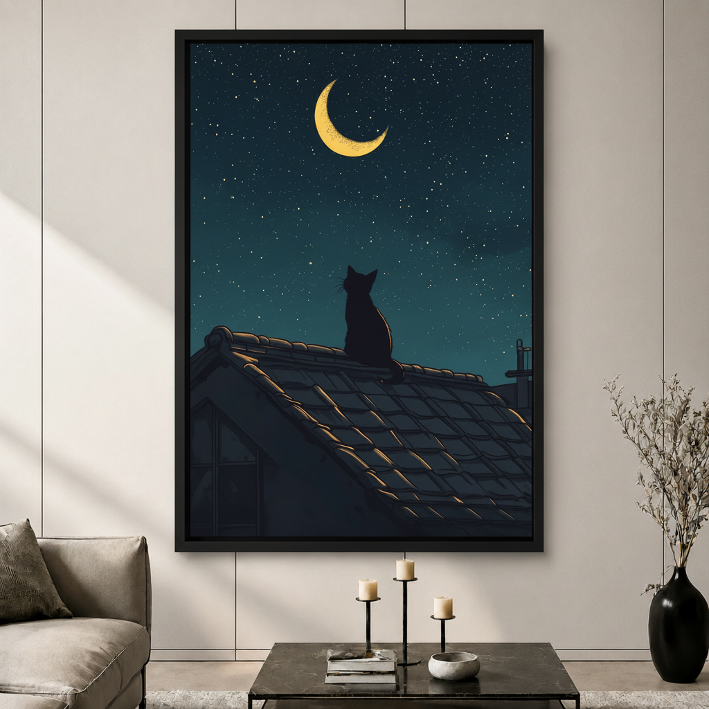 Moonlit Cat Rooftop Night Sky Canvas Art