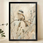 Chickadee on Winter Branch Wall Art – Soft Watercolor Bird Canvas Print on Natural Wood Frame | W2204