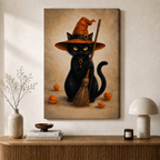 Black Cat Witch Hat Broom Halloween Canvas Art