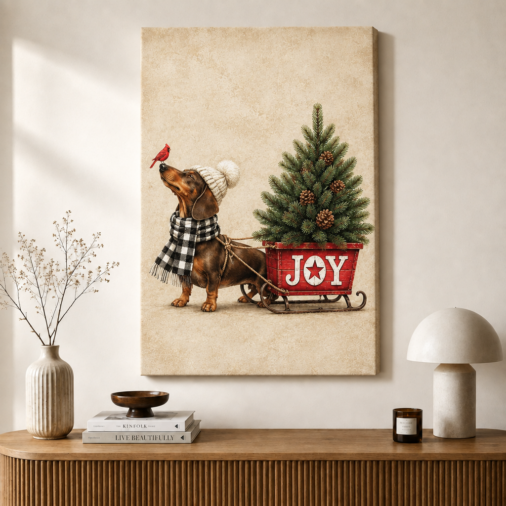 Dachshund Christmas Joy Sled Vintage Canvas Art