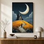 Black Cat Crescent Moon Cottage Canvas Art
