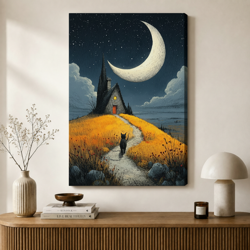 Black Cat Crescent Moon Cottage Canvas Art