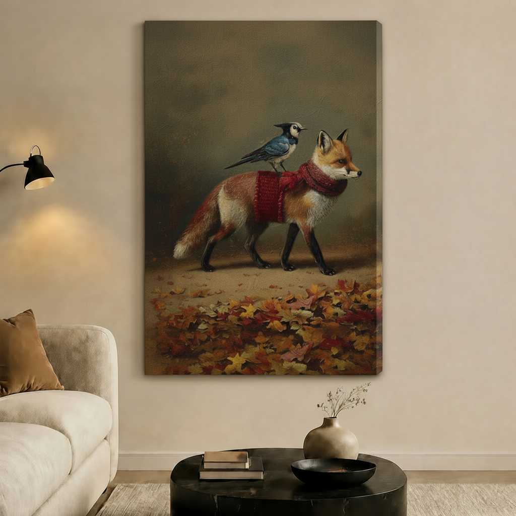Fox and Blue Jay Autumn Canvas Wall Art