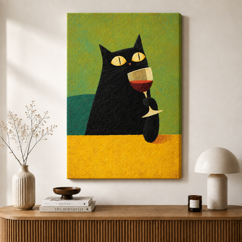 Black Cat Red Wine Modern Canvas Wall Art