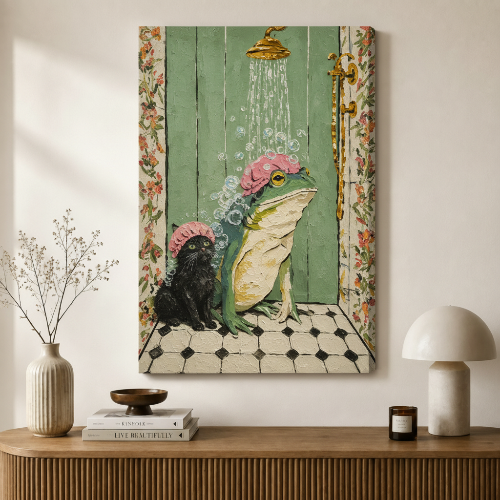 Frog Cat Shower Canvas Wall Art