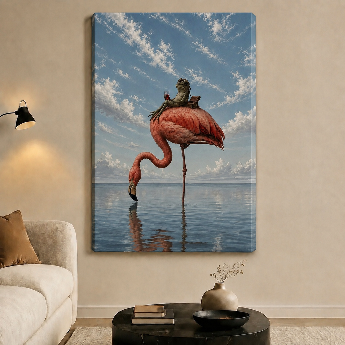Frog Riding Flamingo Surreal Whimsical Canvas Art