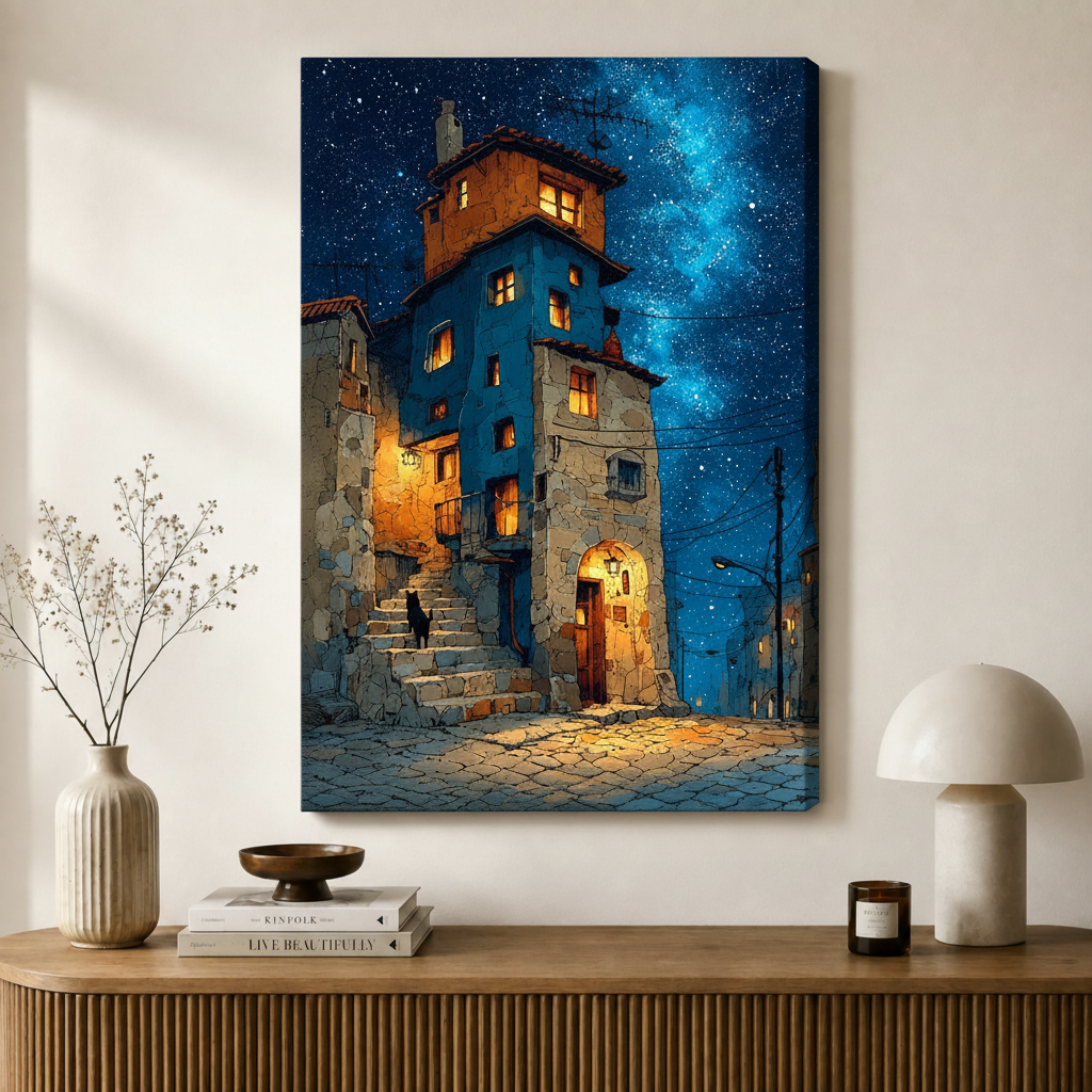 Mediterranean Village Starry Night Canvas Art