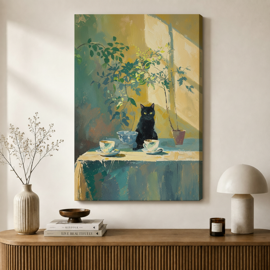 Black Cat Tea Time Canvas Wall Art
