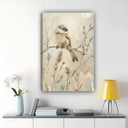 Chickadee on Winter Branch Wall Art – Soft Watercolor Bird Canvas Print on Natural Wood Frame | W2204