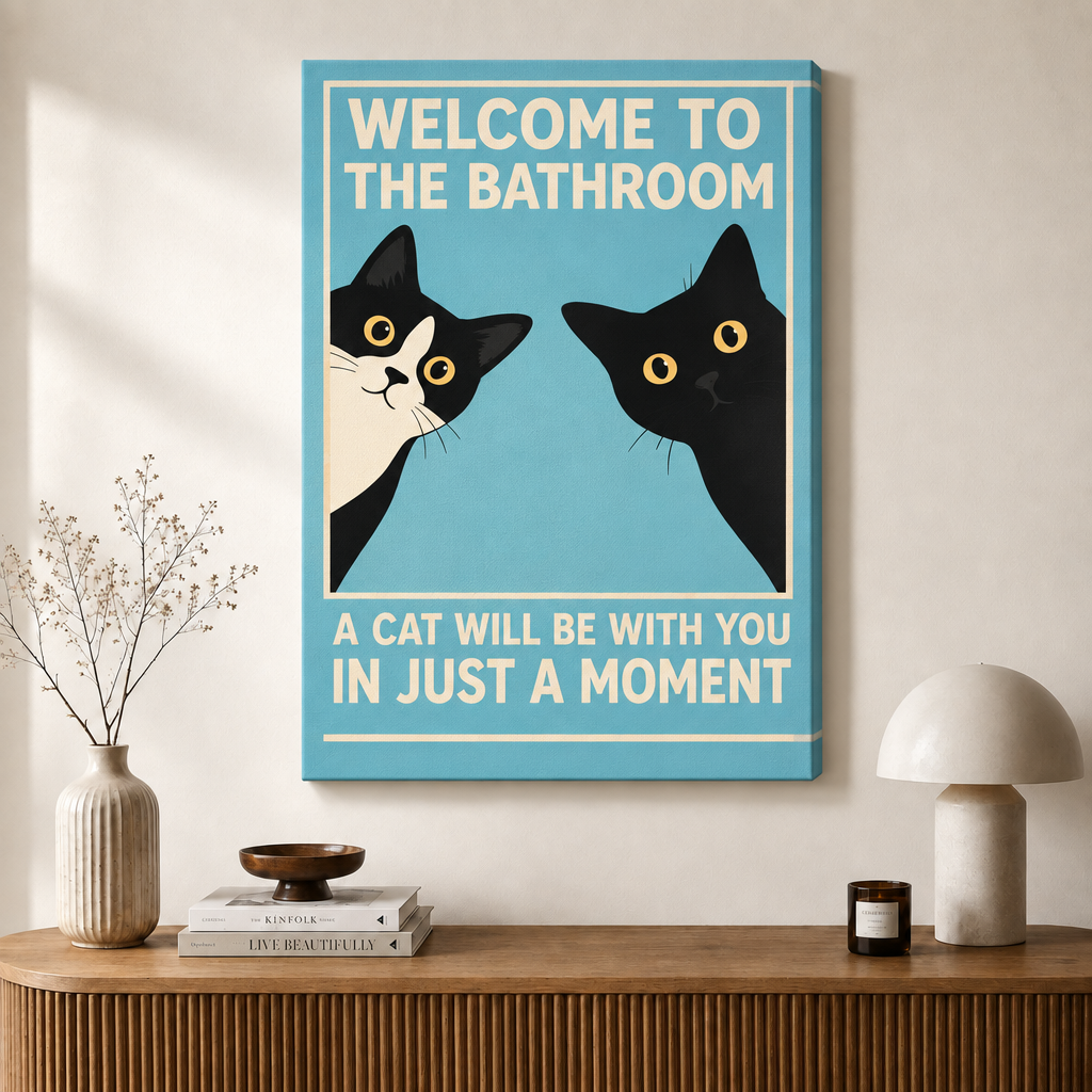 Funny Cat Bathroom Poster Canvas Art