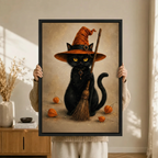 Black Cat Witch Hat Broom Halloween Canvas Art
