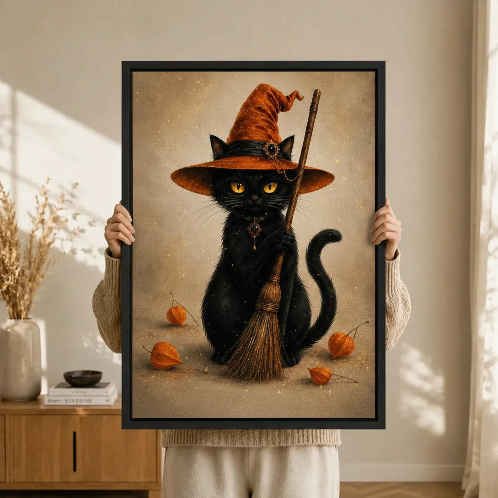 Black Cat Witch Hat Broom Halloween Canvas Art