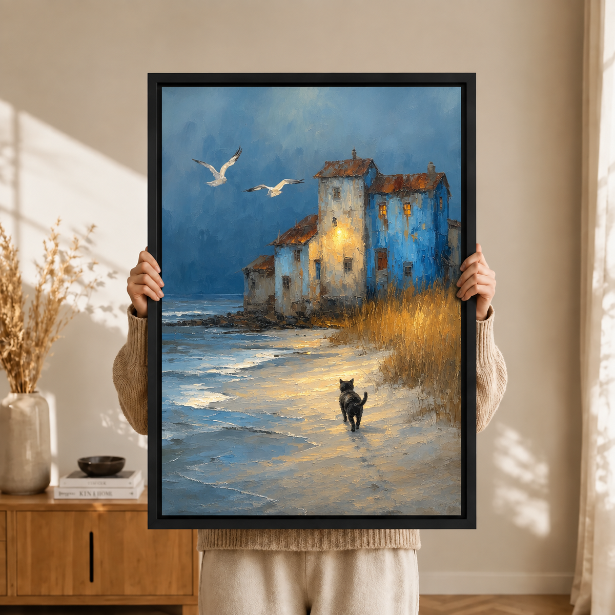 Coastal Cat Beach Oil Painting Canvas Art