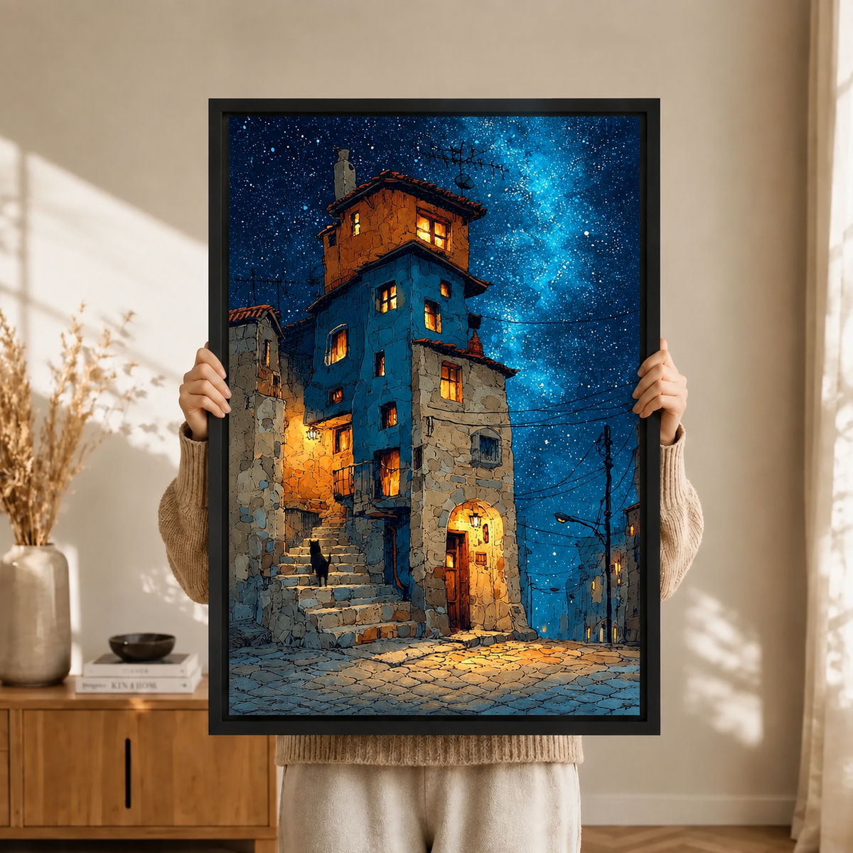 Mediterranean Village Starry Night Canvas Art