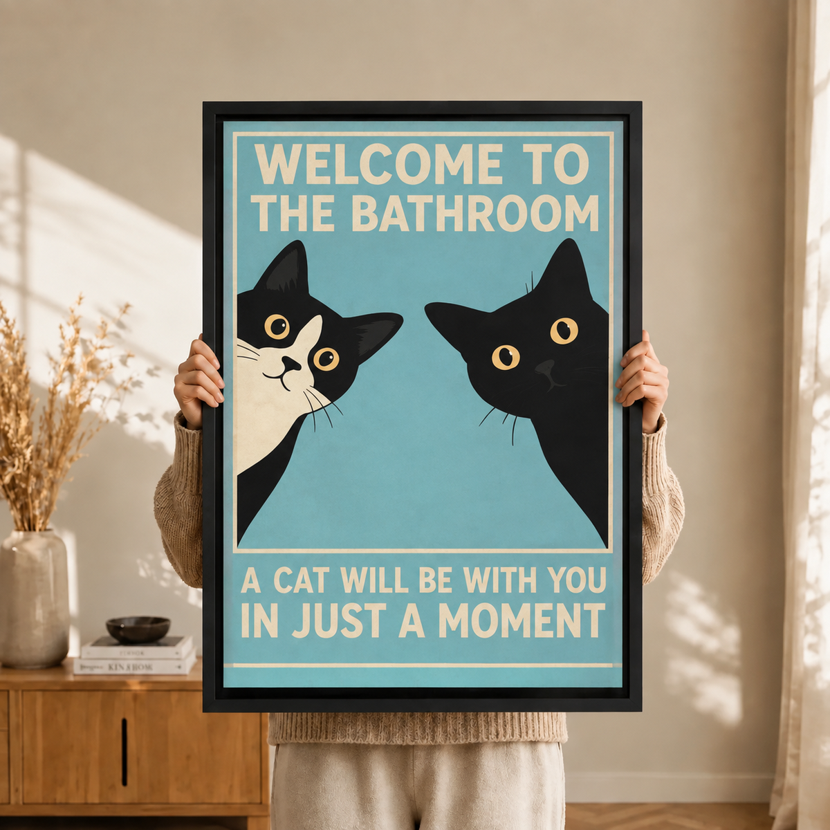Funny Cat Bathroom Poster Canvas Art