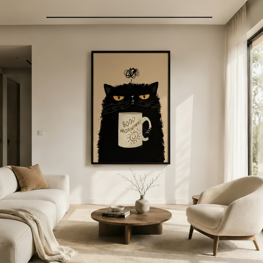 Grumpy Black Cat Good Morning Coffee Canvas Art