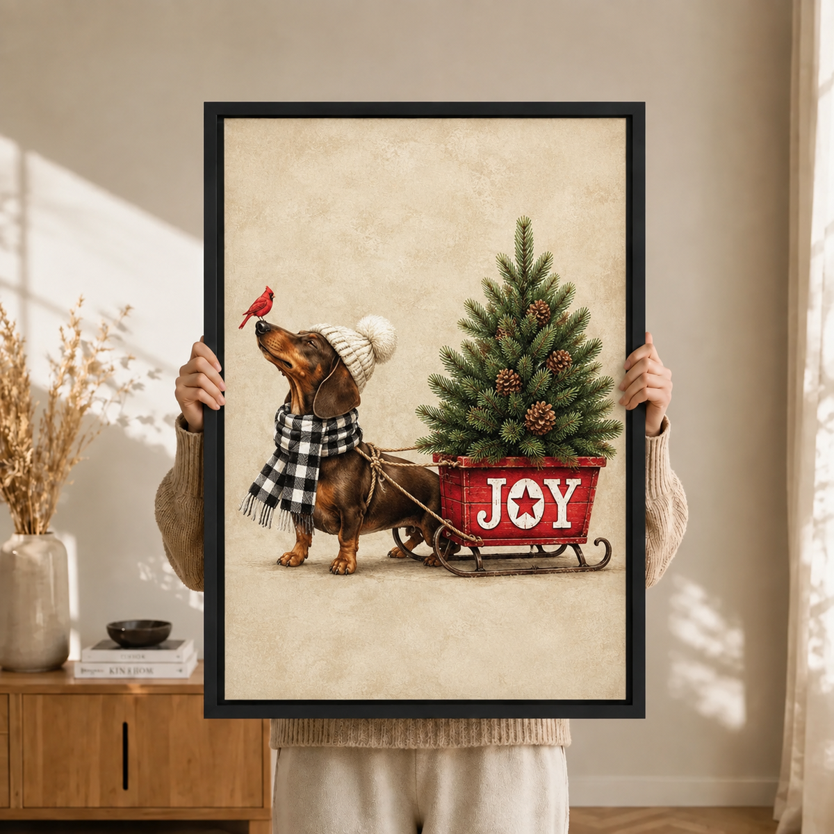 Dachshund Christmas Joy Sled Vintage Canvas Art
