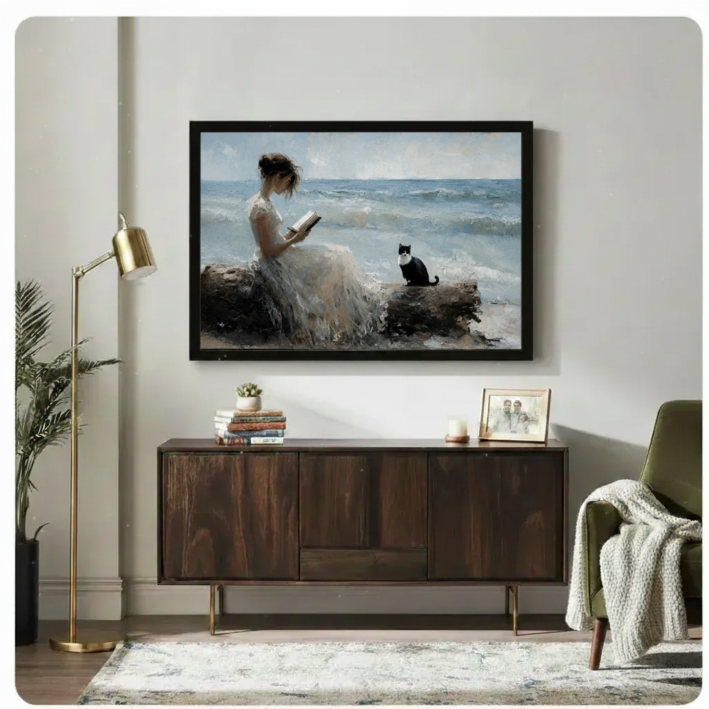 Woman Reading by Sea with Cat Canvas