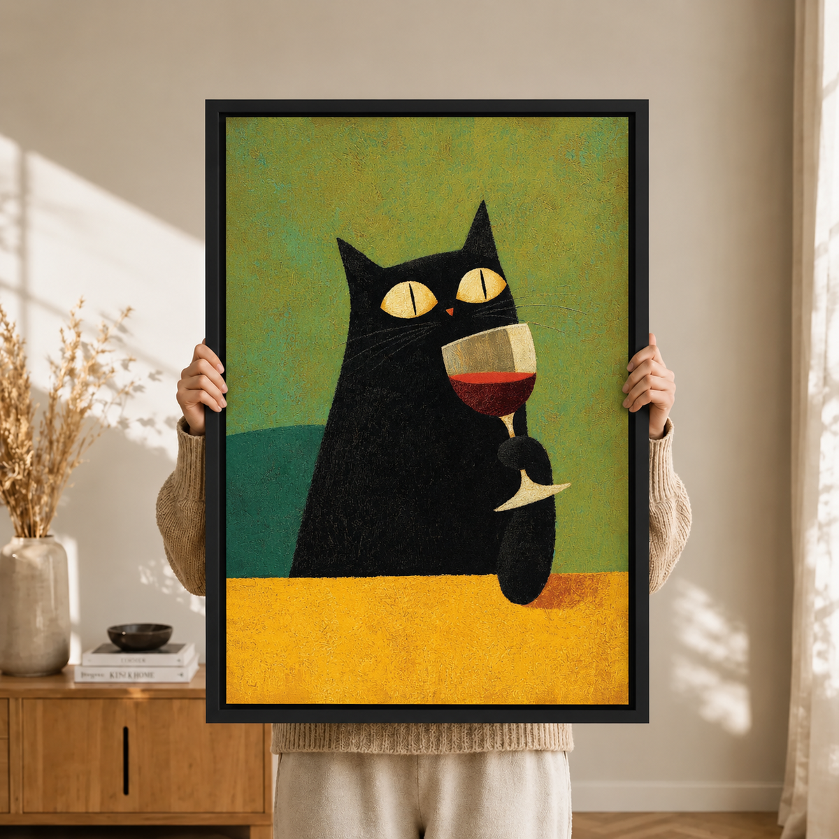 Black Cat Red Wine Modern Canvas Wall Art