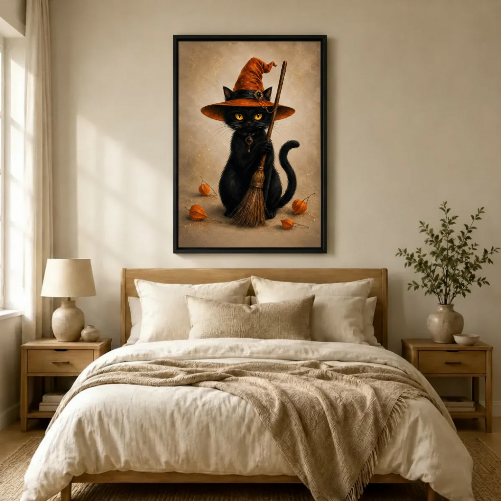 Black Cat Witch Hat Broom Halloween Canvas Art