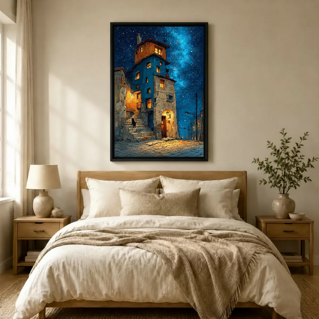 Mediterranean Village Starry Night Canvas Art