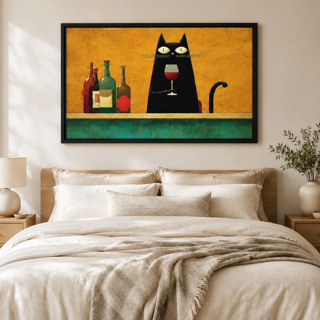 Black Cat Wine Folk Art Canvas Print