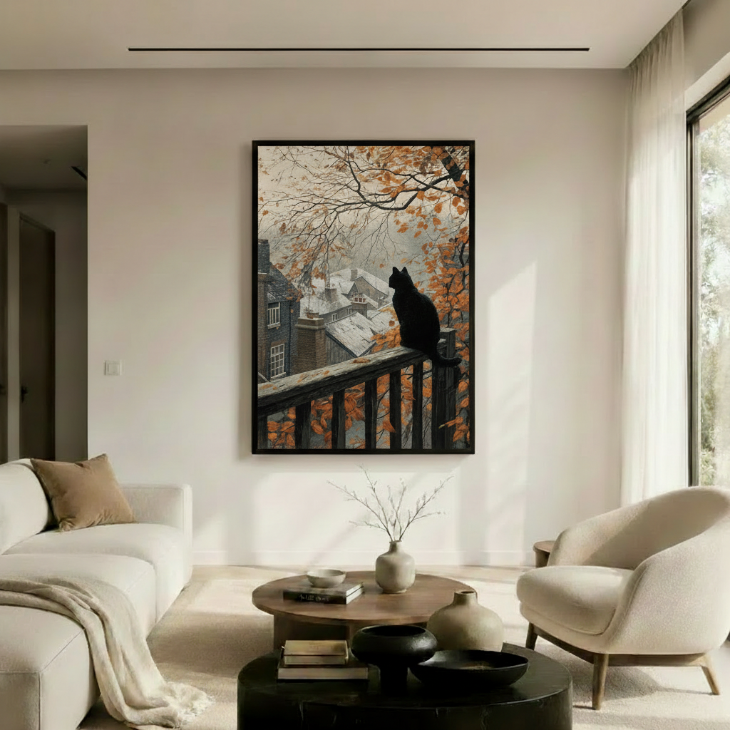 Autumn Cat Rooftop Cityscape Canvas Wall Art
