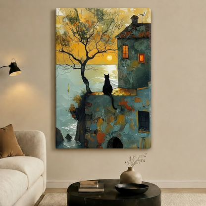 Black Cat Sunset Cottage Canvas Wall Art