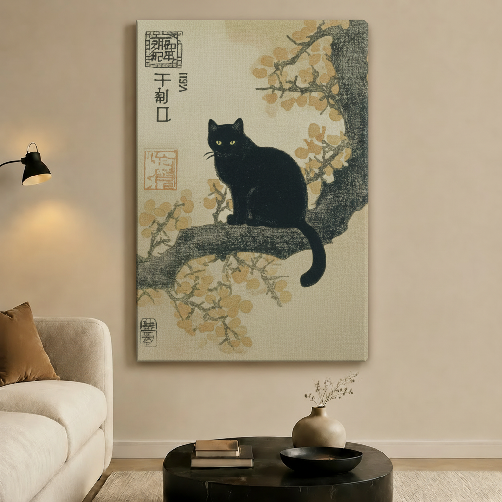 Black Cat Magnolia Japanese Canvas Wall Art