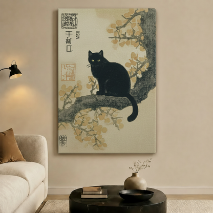 Black Cat Magnolia Japanese Canvas Wall Art