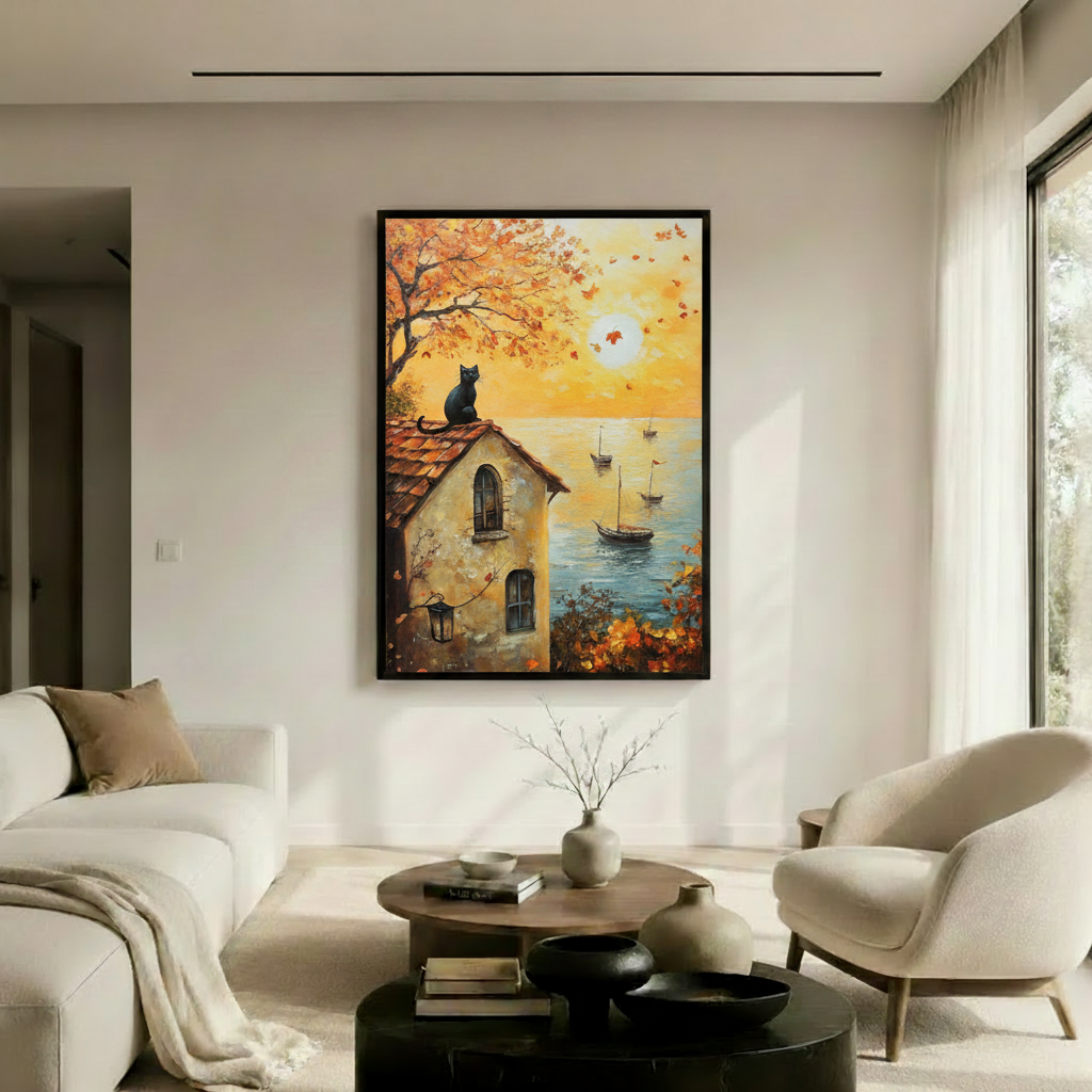 Autumn Cat Coastal Sunset Canvas Wall Art