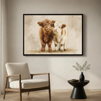 Highland Calves Watercolor Farmhouse Canvas Art
