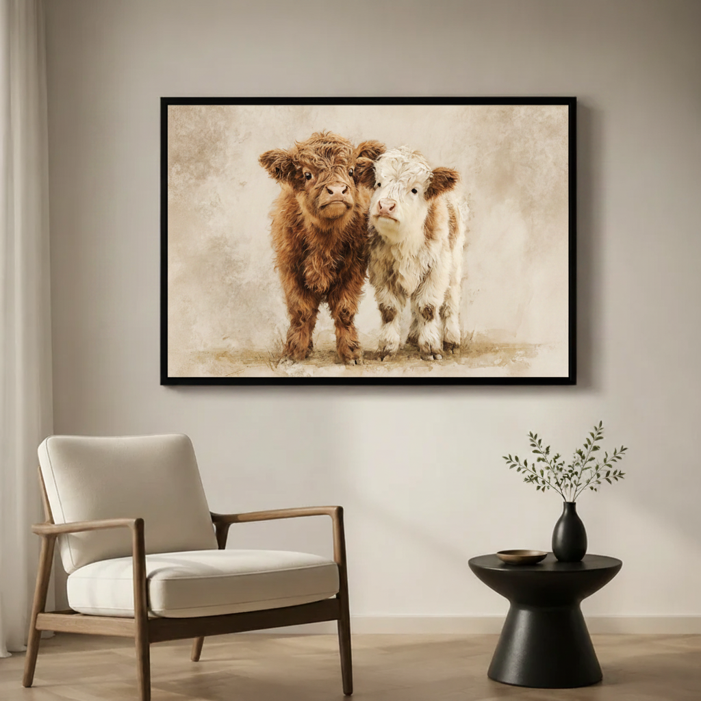 Highland Calves Watercolor Farmhouse Canvas Art